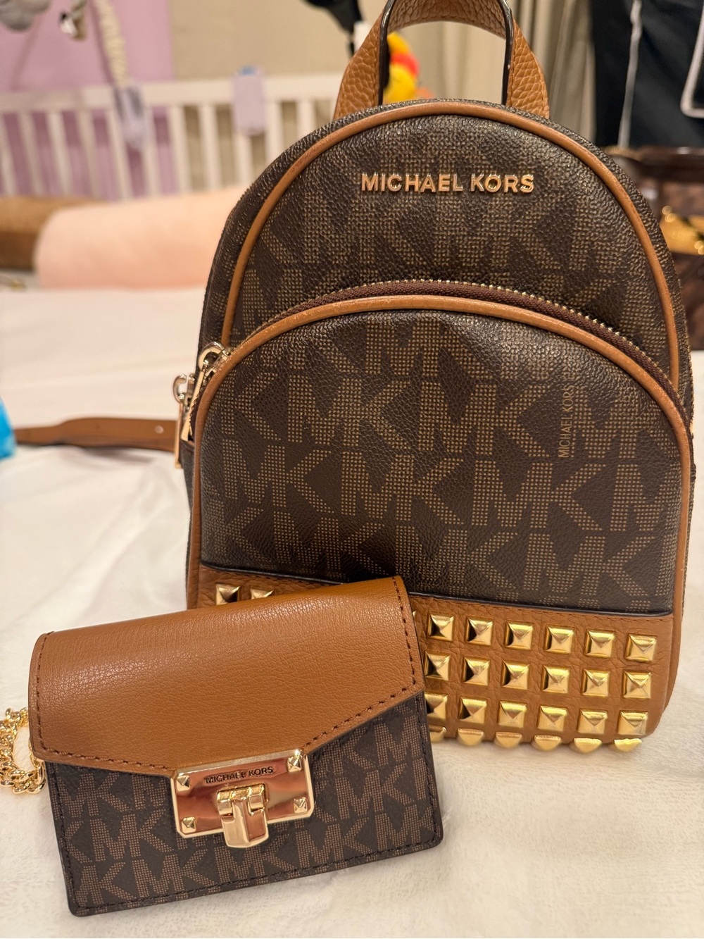 Michael Kors Brown/Tan Studded Mini Backpack and Wallet Set